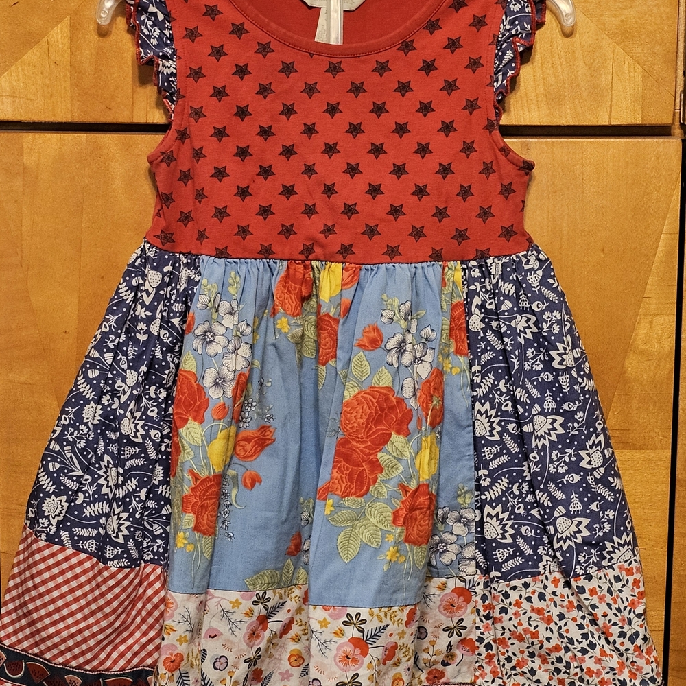 Floral Patchwork Kids Dress - Red and Blue